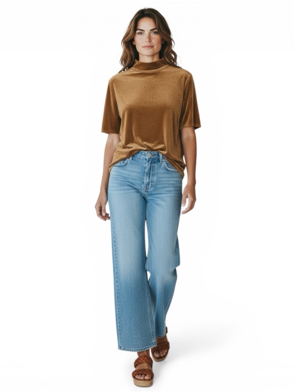 Theory Velvet Mock Neck Top Camel Brown Short Sleeve Minimalist Luxe Tee Size M
